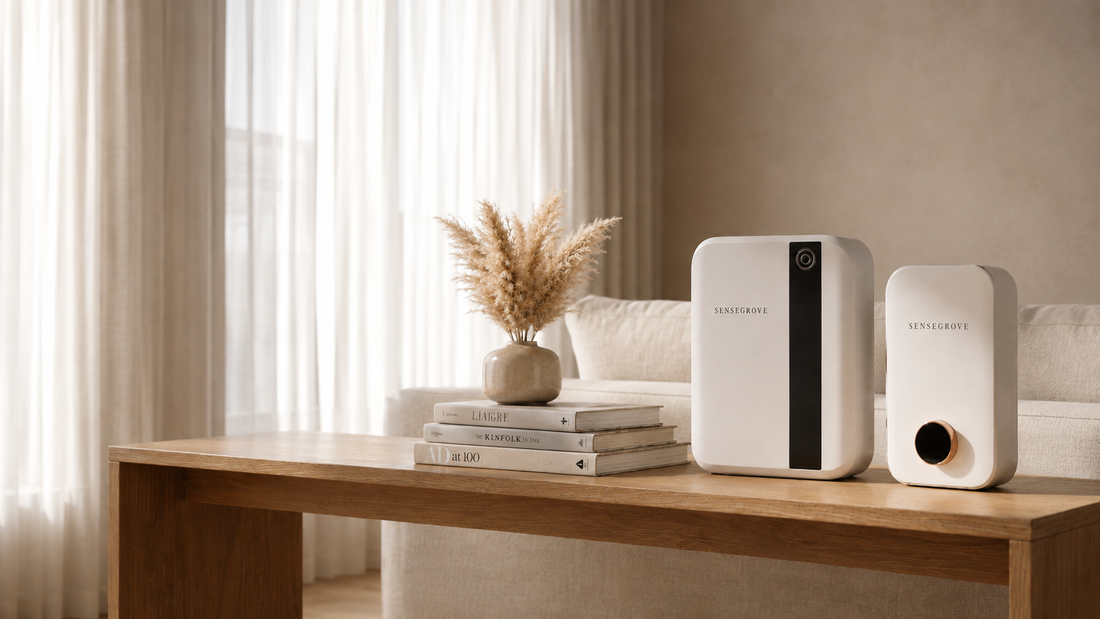 A SenseGrove cold-air diffuser scenting a bright modern living room